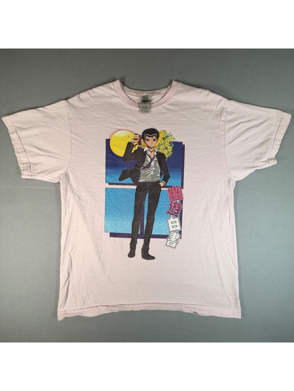 Yu Yu Hakusho Yusuke Mens L Pink Ghost Files Anime Manga 2 Sided Graphic Tee